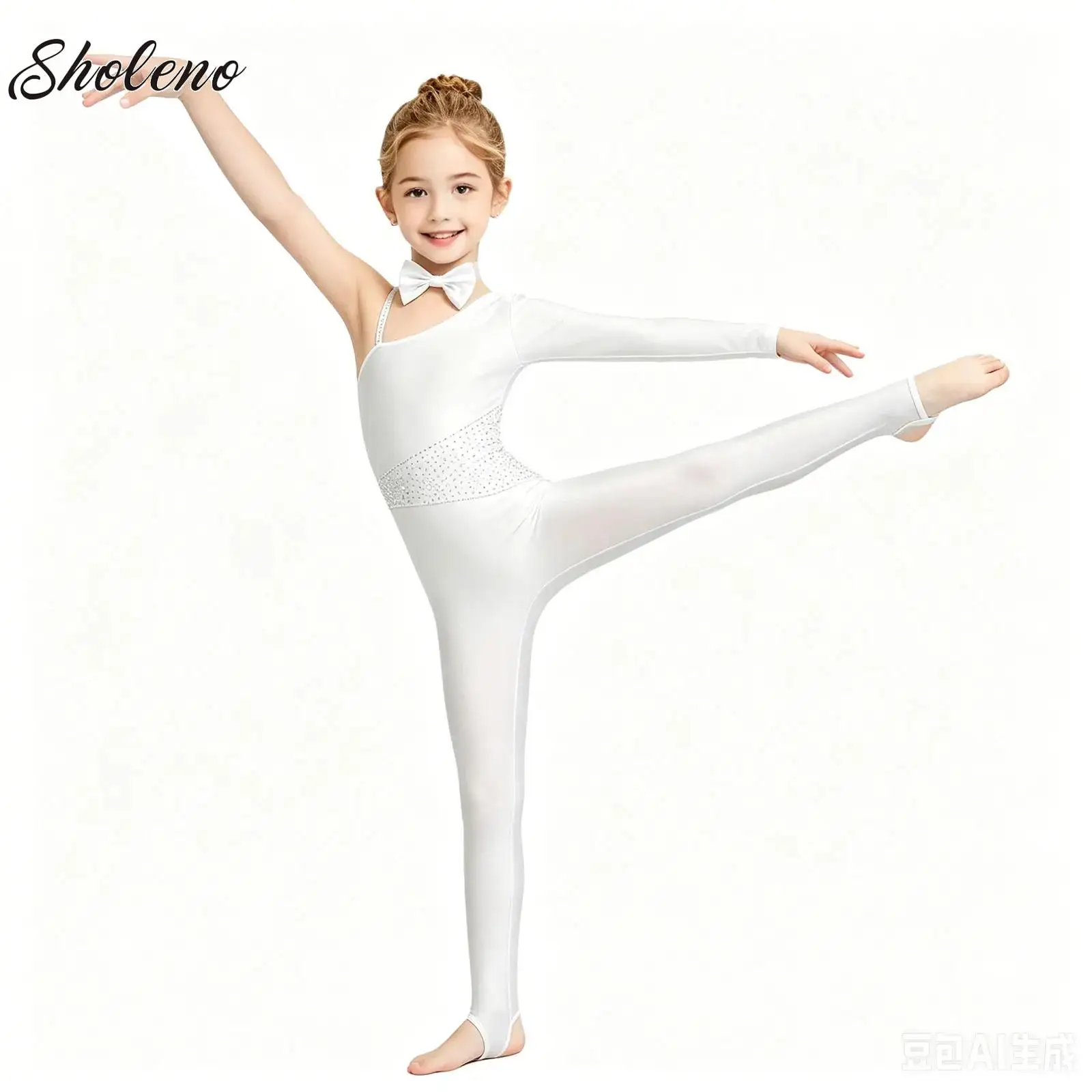 

Girls Cat Tail Style Jumpsuit Rhythmic Gymnastics Jersey Dance Artistic Ballet Rhinestones Figure Skating Leotard+Neckwear Set