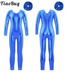 Kids Girl Metallic Jumpsuit Dance Set Long Sleeve Full Body Ballet Dance Bodysuit Gymnastics Skating Performance Leotard Costume