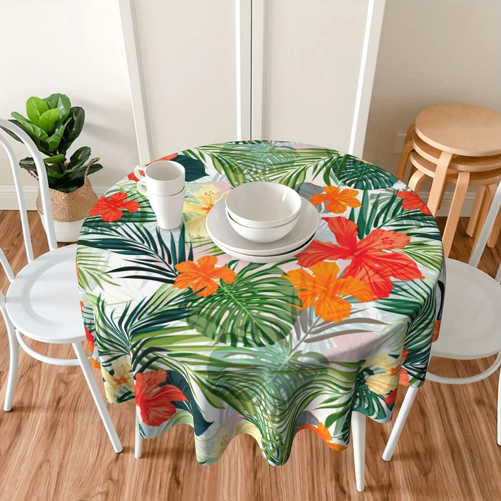 Hawaiian Palm Tree Print Home Kitchen Dustproof Round Dining Table Tablecloth for Family Dinner Camping Decoration Accessories