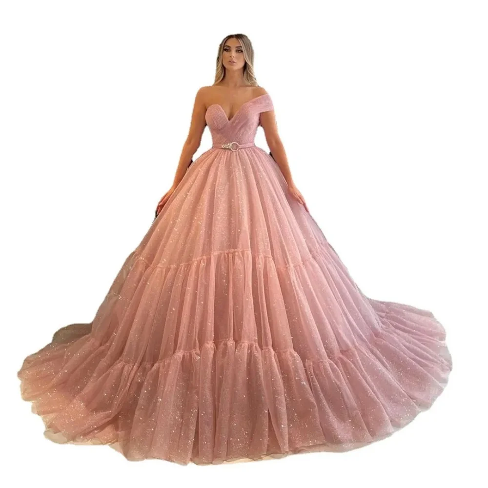 

Elegant Pink Party Gowns Sweetheart Customized Shiny Prom Dresses Belt A Line One Shoulder Evening Dress Tulle فساتين سهرة
