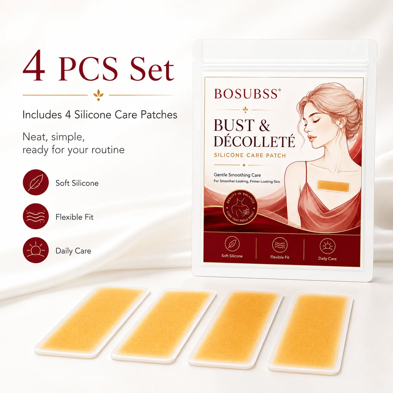 4PCS Silicone Chest & Décolleté Care Patches, Soft Flexible Skin Patches, Comfortable Fit, Easy Use for Daily Body Care Routine
