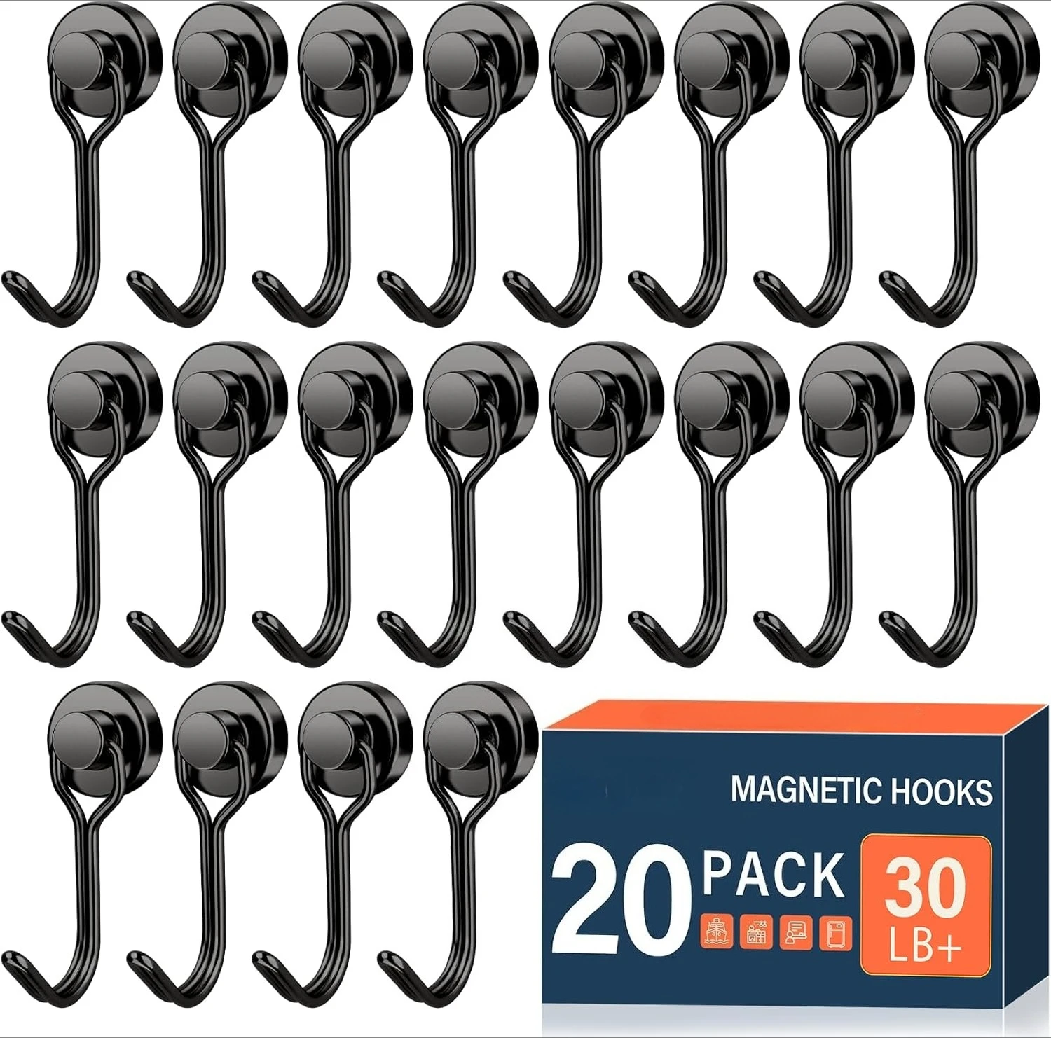 

20-Pack Black Magnetic Hooks, 30lbs+ Heavy Duty with Swivel for Refrigerator & Whiteboard, Cruise Essentials