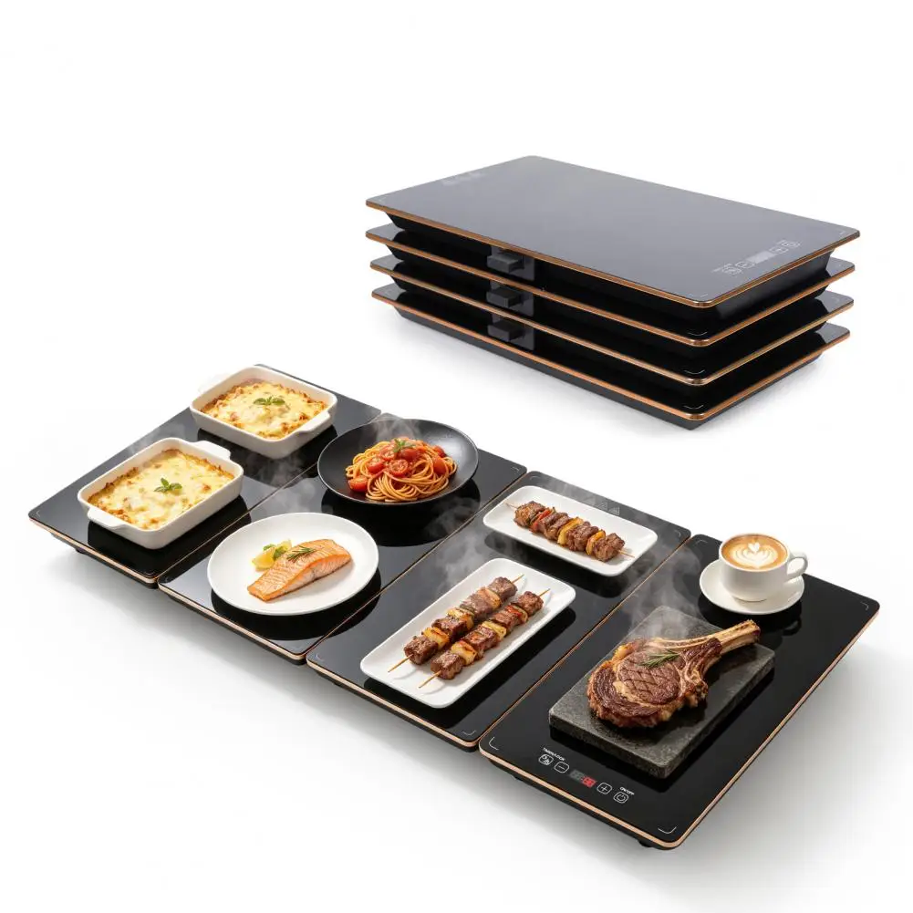 4PCS Electric Food Warmer Tray, with 8-Level Temperature Control And 24-hour Timer Food Tray, Modular Heat-Resistant Glass Surfa