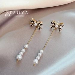 Duodaifa Black and White color Matching Bowknot Pearl Tassel Earrings 2023 Fashion Jewelry Party Women's Elegance Accessories