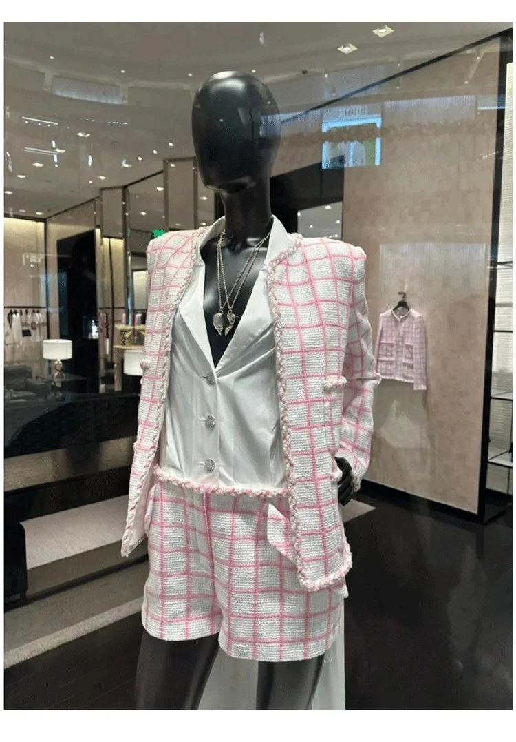 

Socialite short pink plaid coat A word high waist wide leg shorts suit high quality luxury niche designer brand old money style