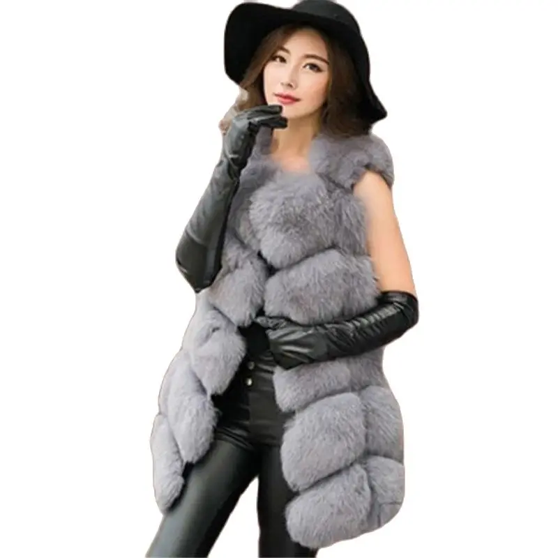 Woman Hot Sale Thick Imitation Fox Fur Sleeveless Jackets Hot Sale Warm Mink Coats Imitation Warm Waistcoat Vests Long Gilet