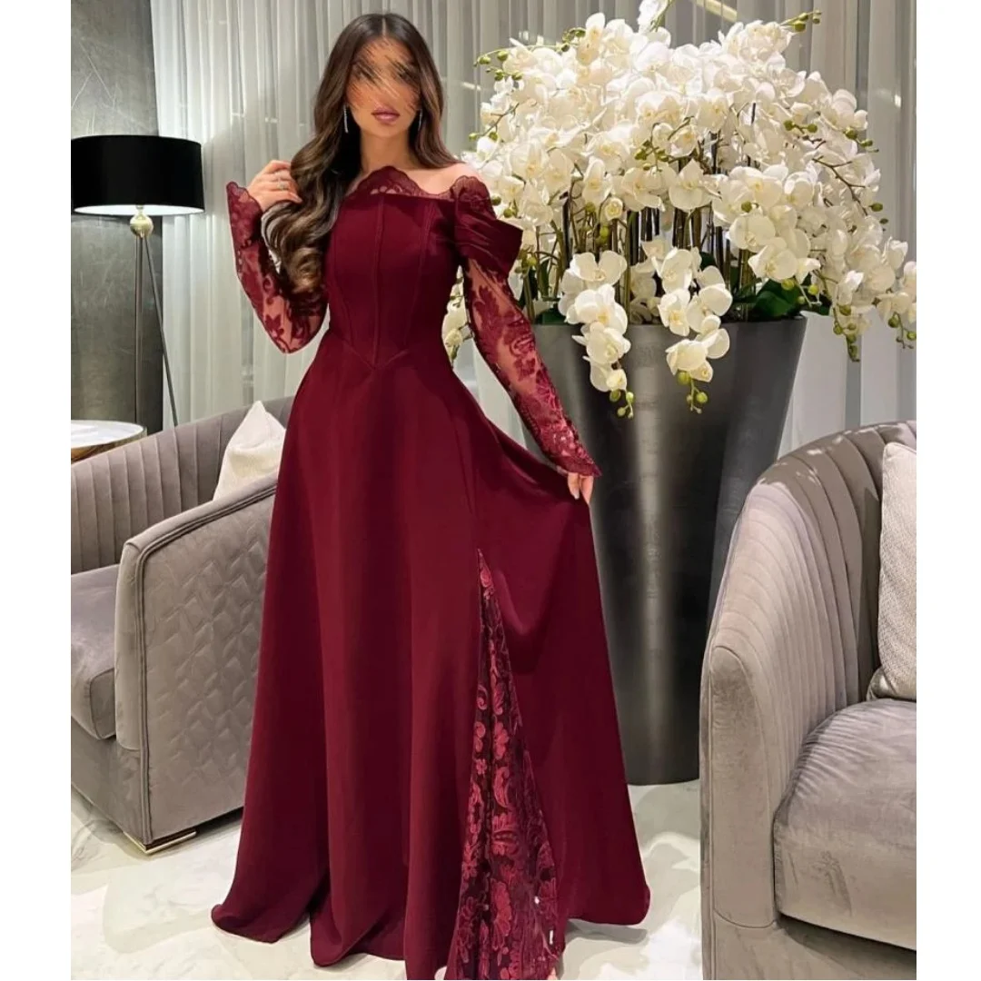 

Dark Red Evening Dresses Women Lace Long Sleeves vestidos de noche Arabic Prom Dress Luxury Wedding Party Gowns Customized