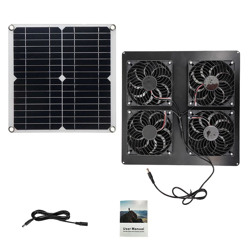 30W Solar Exhaust Fan Portable Ventilator Solar Panel Powered 4 Fans Air Extractor for Dog Pet House RV Greenhouse Equipment