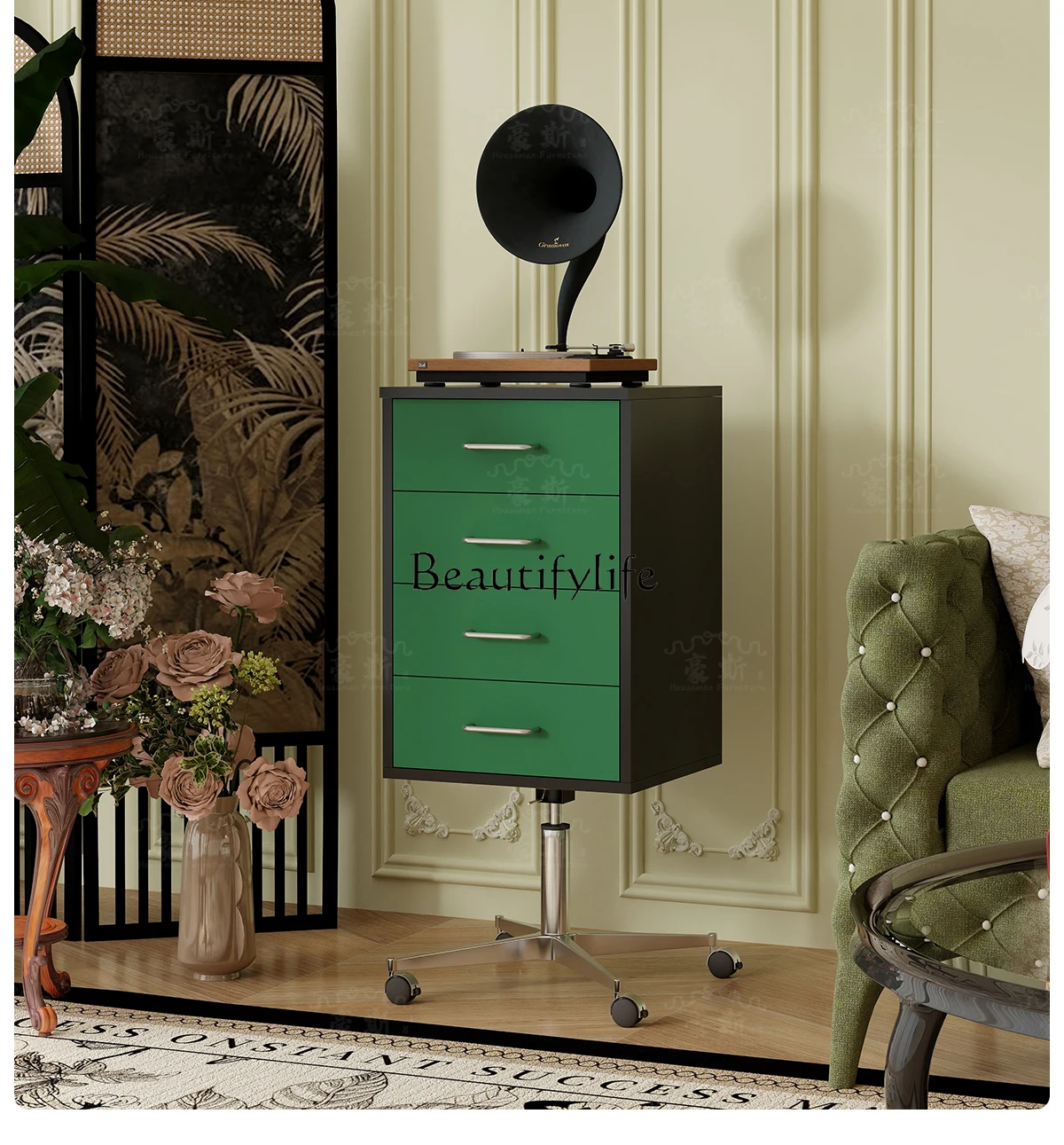 

Retro Style Living Room Adjustable Mobile Coffee Table Green Sofa Side Cabinet