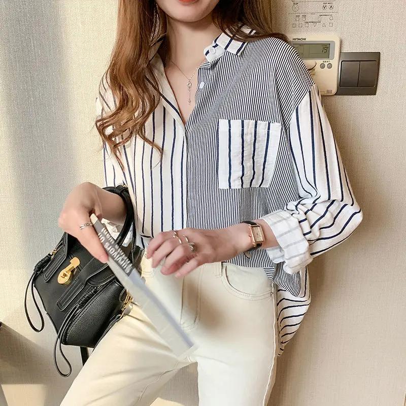 Office Lady Turn-down Collar Pocket Asymmetrical Hot Selling Long Sleeve Blouses Spring Autumn Straight Shirt Women Clothes 2022