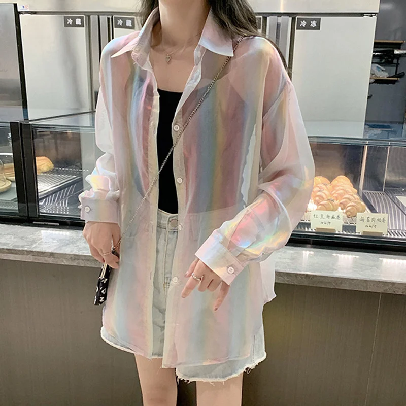 Rainbow Women Blouses Tops Long Sleeve Casual Turn-down Collar Cardigan Female Summer Trendy Sunscreen Girls Streetwear