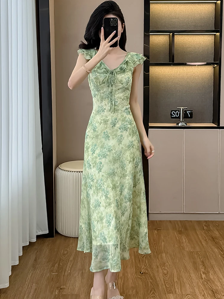 여성 그린 플로럴 쉬폰 시크 보우 러플 V넥 섹시 드레스 여름 우아한 캐주얼 비치 드레스 2025 한국 바디콘 파티 드레스