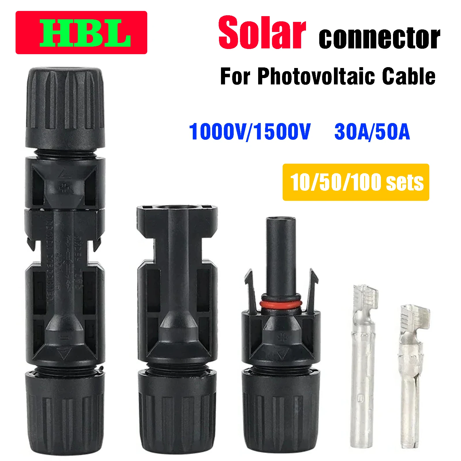 

10/50/100Sets PV Solar Connector DC 1000V/1500V 30A/50A Panel 100pair Plug Kit for Photovoltaic Cable 2.5/4/6mm2 IP67 Waterproof