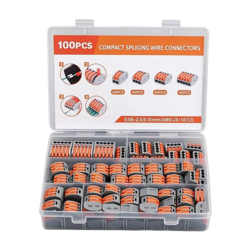 A96K-Compact Wire Connector Nuts Kit 100PCS, Reusable Push-In Terminals, For Fast Wire Splicing(2-5 Port Lever)