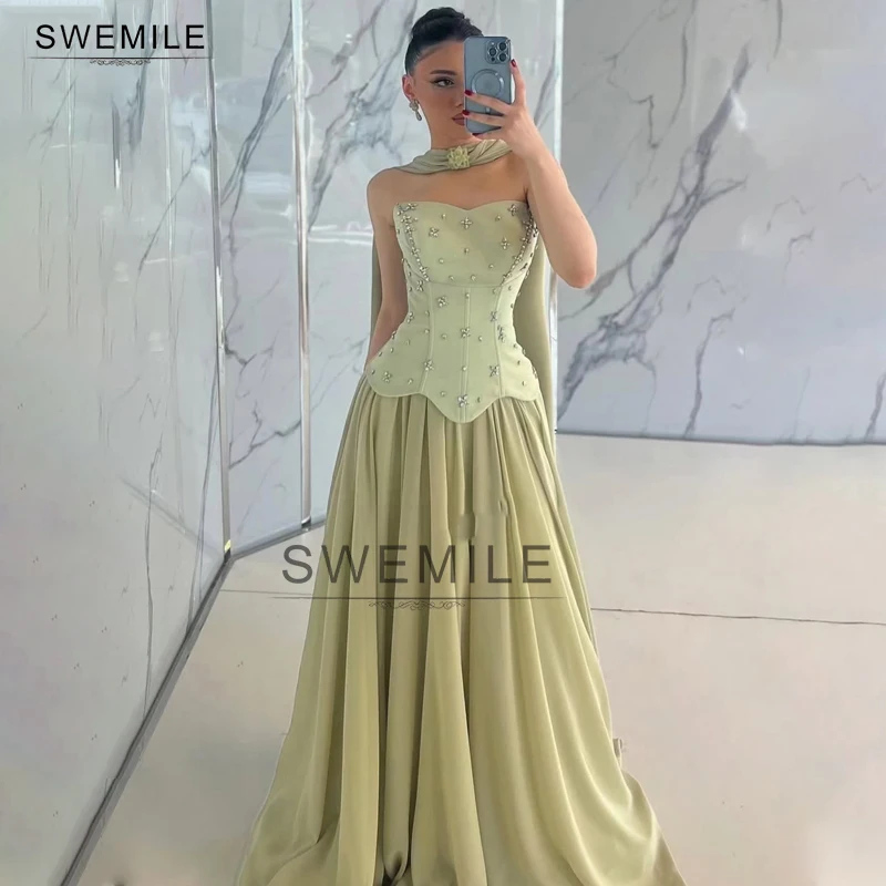 

SWEMILE Elegant Vintage Sage Green Strapless Evening Dress Dubai A-Line Chiffon Prom Gown with Corset Crystals Beaded 2025
