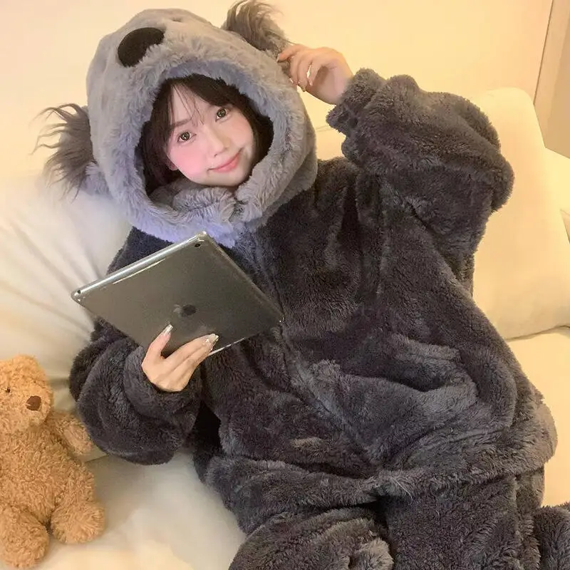 

Girl's Pajama Set Thickened Coral Fleece Zipper Hooded Nightgown Women's Sweet Long Sleeve Pants Home Clothes Outerwear Winter