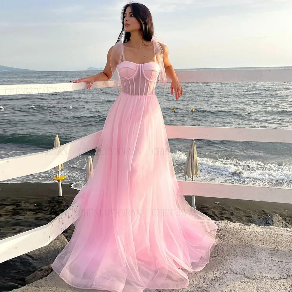 

Elegant Long Pink Tulle Evening Dresses A-Line Sweetheart Sweep Train Vestidos de noite Prom Formal Dress for Women Custom Made