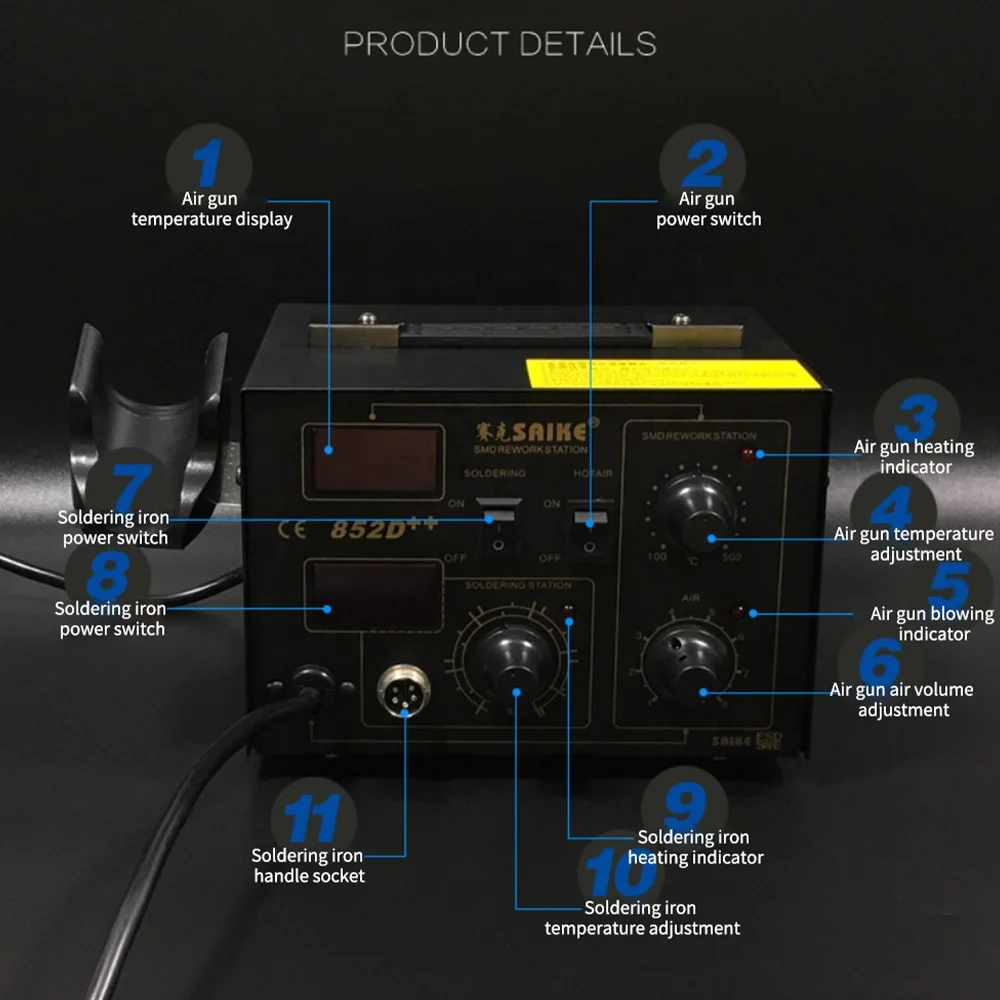 Rework Station Soldering Iron 2 in 1 SMD Hot Air Gun SAIKE 852D++ Soldering Station Desoldering Station
