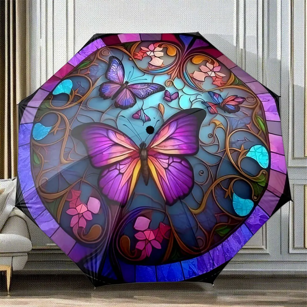 

Automatic Open/Close Folding Umbrella with Stained Glass Butterfly Pattern - Compact Travel Umbrella, Windproof 8-Rib Shaft, A