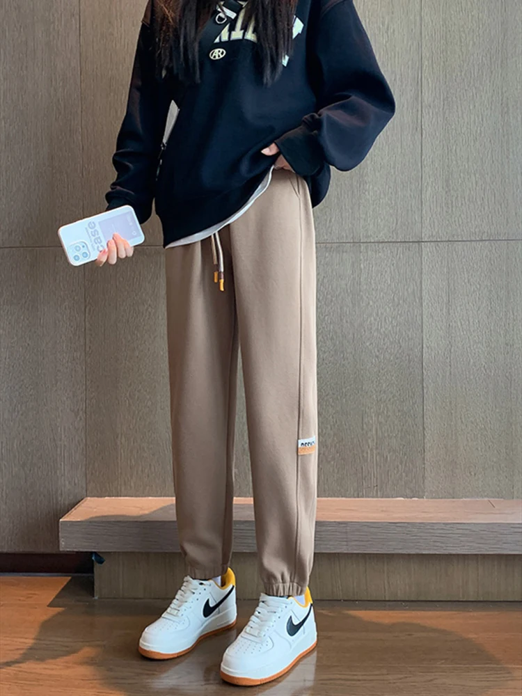 

Autumn Winter Casual Thick Drawstring Sports Pants Women's Clothing High Waist Fashion Loose Solid Color Fleece Trousers