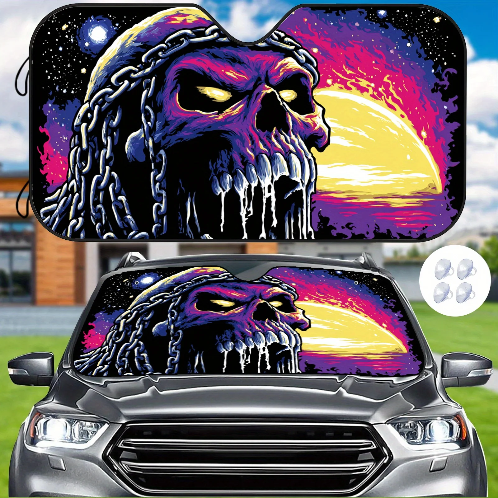 The Cosmic Starry Sky Skull Car Sunshade Features A Magical Chain Design With A Galaxy Theme, Complete With A Powerful Suction C