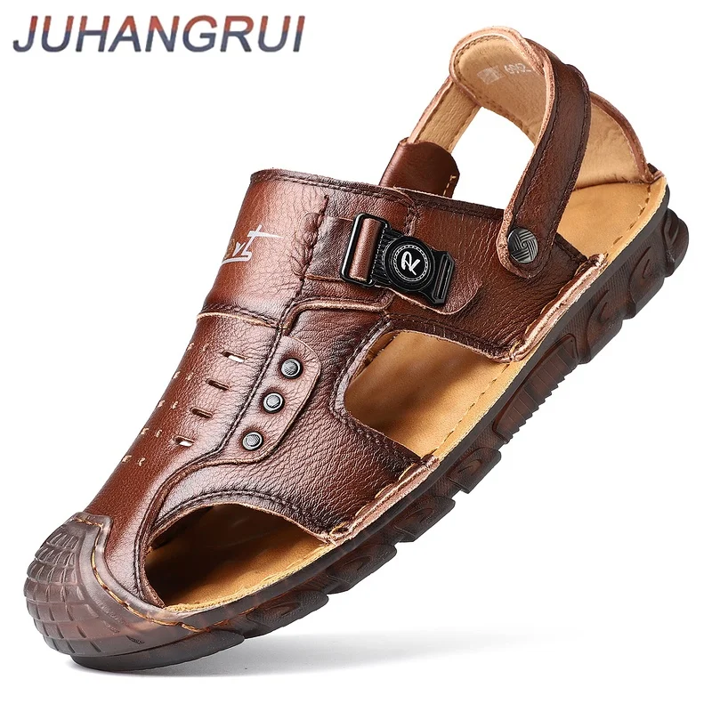

Mens Sandals Leather Open-Toe Beach Sandals Soft Bottom Beach Shoes Anti-Slip Rubber Sole Comfortable Breathable Casual Slippers