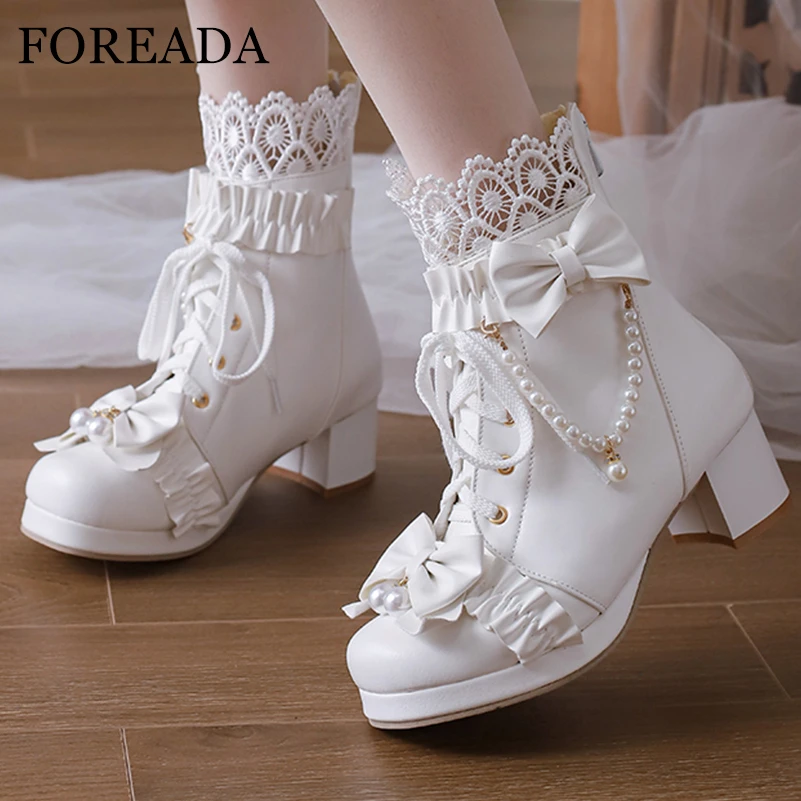 FOREADA Women Lolita Ankle Short Boots Round Toe Kawaii Thick Mid Heels Zipper Bead Bow Lace-up Lady Cosplay Shoes Autumn Winter