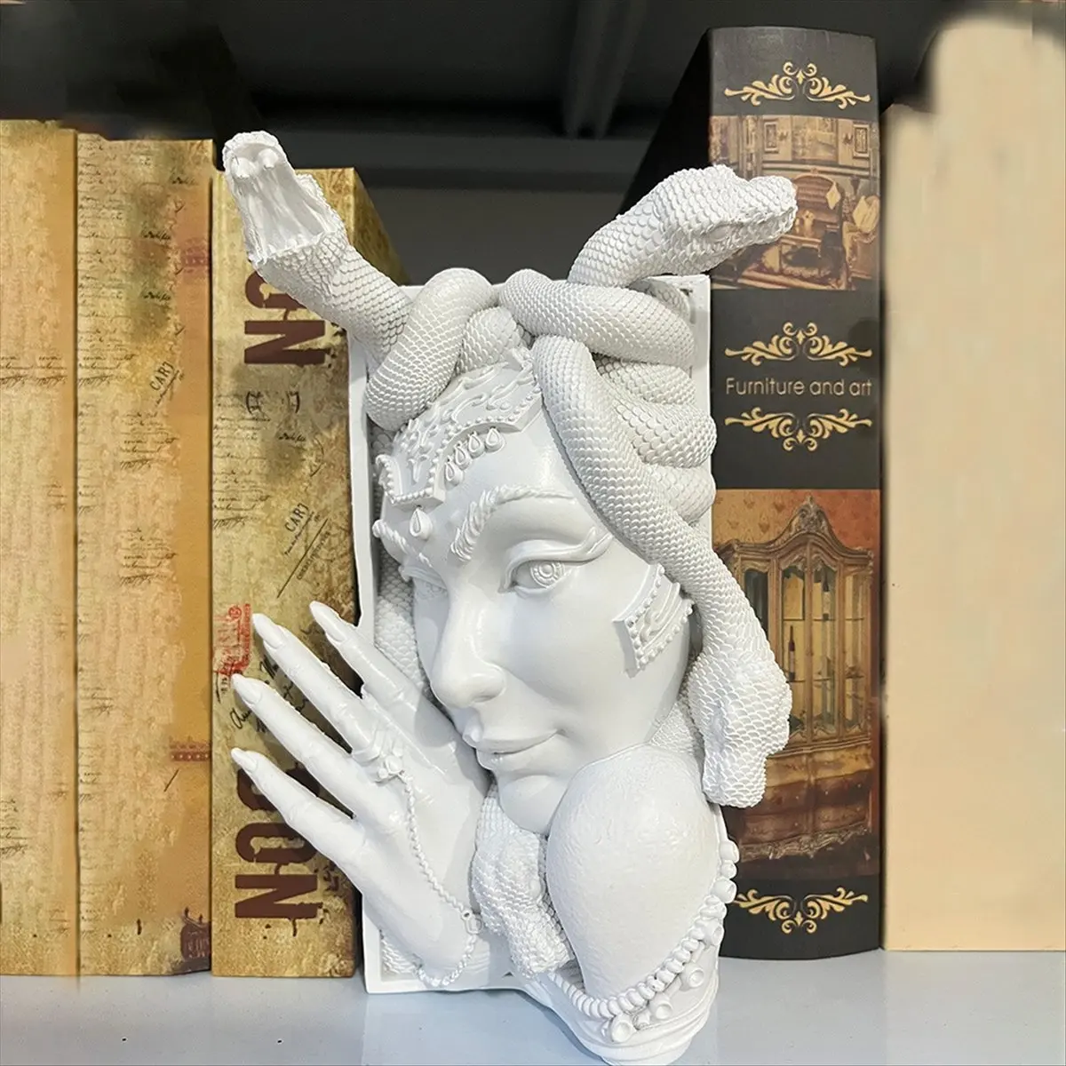 【HOT N07R】 Decorative Bookends, Snake Women Face Book Ends Heavy Duty Book Stopper for Home Desk, Vintage Shelf Decor