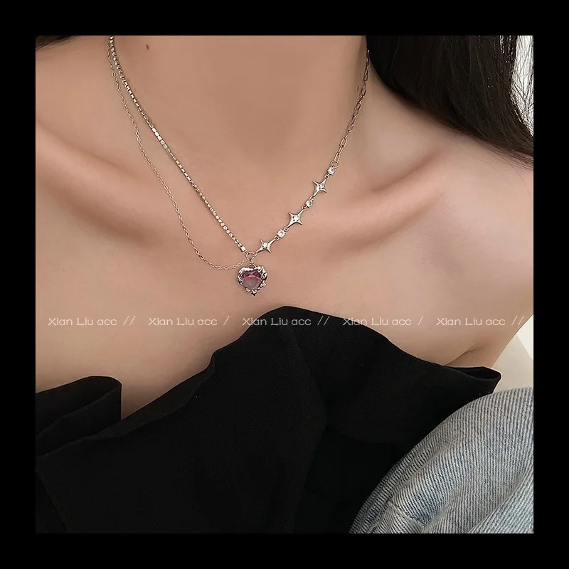 الحلو وبارد كبير الوردي الماس الحب قلادة المرأة الصيف سلسلة عنق الترقوة سلسلة المرأة قلادة 2022 المرأة الجديدة