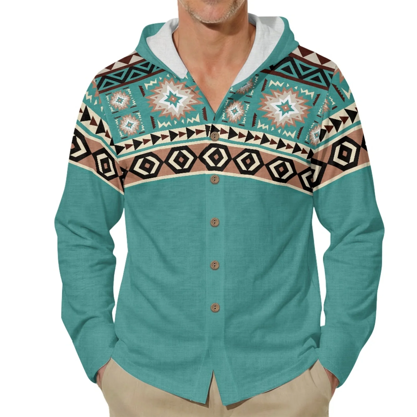 PENSTROLL Native Star Linen Style Hooded Long Sleeve Coat for Vacation Versatile Hawaiian Button Up Overshirt Beach Sweatshirts