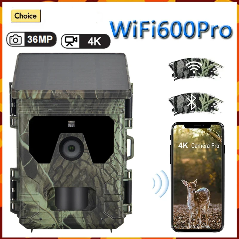 Outdoor New Solar Charging Hunting Camera WiFi600Pro Bluetooth WiFi Surveillance Camera 4K Video 36MP APP Online Video Viewing