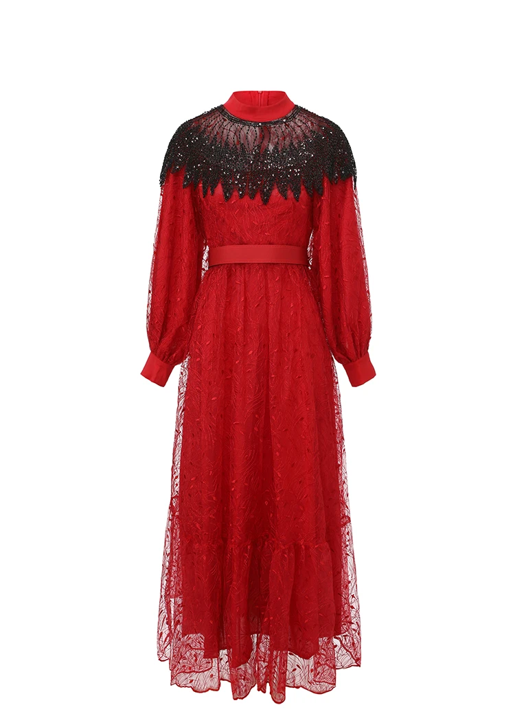

Luxury Sequins Evening Prom Dress for Women Stand Collar Long Sleeve Elegant High Waist Lace Embroidery Slim Banquet Dress
