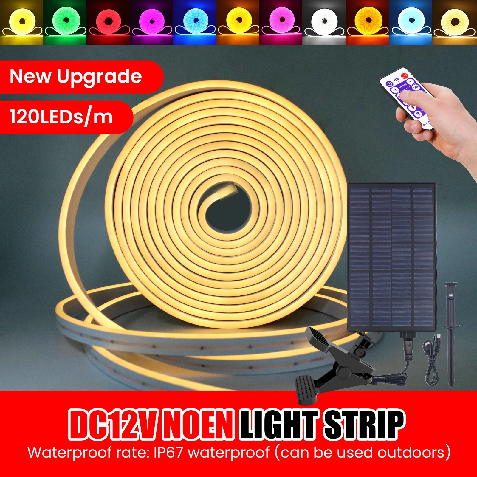 Imagem -03 - Solar Led Strip com Controle Remoto Luz de Néon Iluminação Exterior Jardim Dimmable Sinal Impermeável 12v 6x12 mm Ip67 2835 120leds m