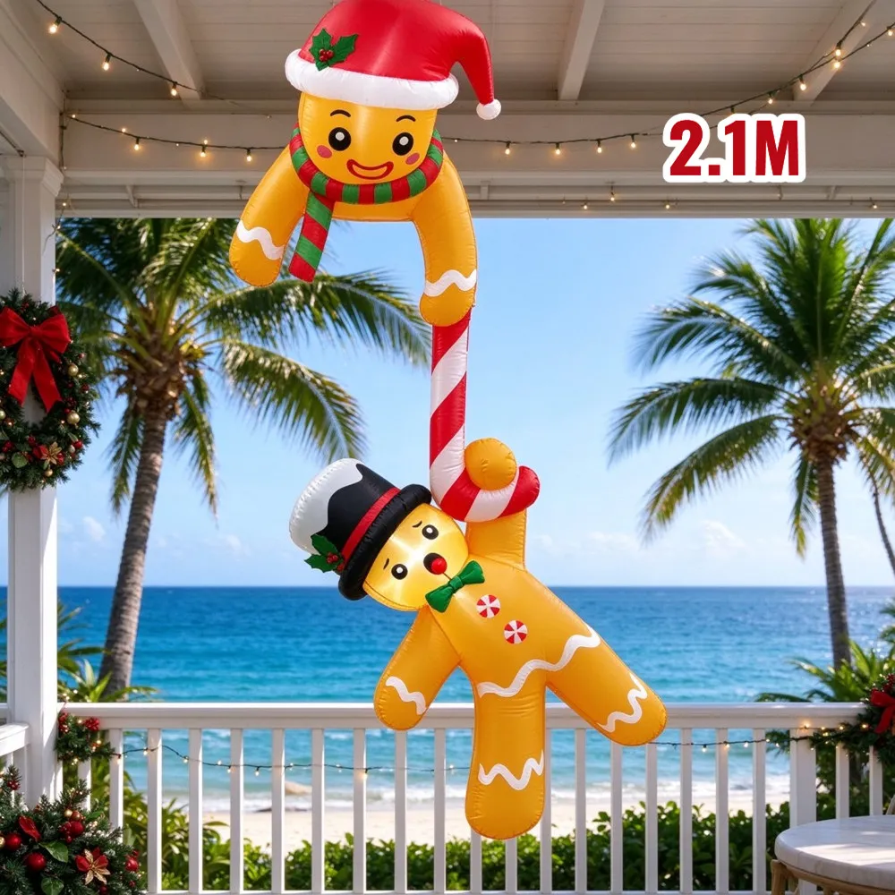 Christmas 2.1M Suspended Inflatable Christmas Hat Gingerbread Man Built-in LED Lights Indoor Outdoor Courtyard Window Decoration