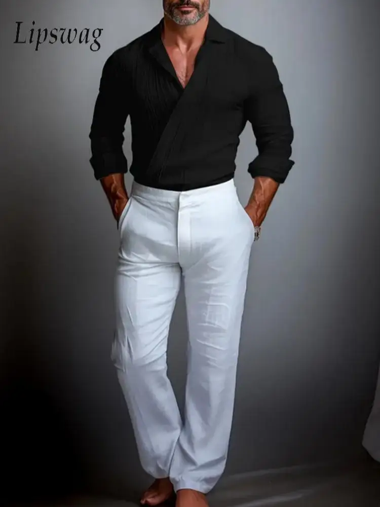 

Винтажная рубашка с перекрестными лацканами, мужская текстурированная блузка с длинным рукавом, рубашка для мужчин, весенне-осенняя однотонная повседневная рубашка для джентльменов