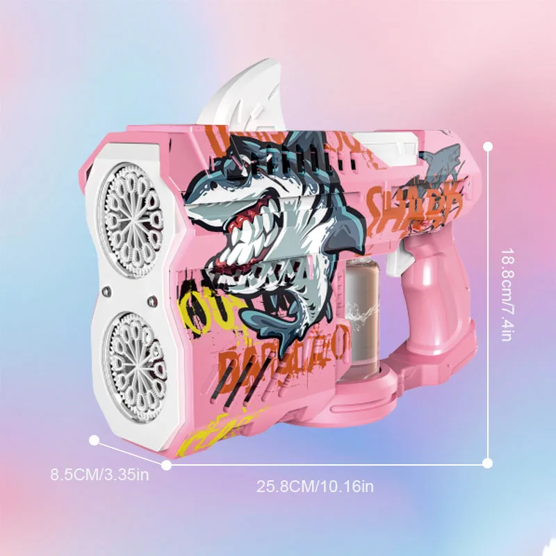 O popular brinquedo americano, a versão Glowing Shark da pistola de bolhas de cano duplo com um focinho de bolhas brilhante, é adequado para