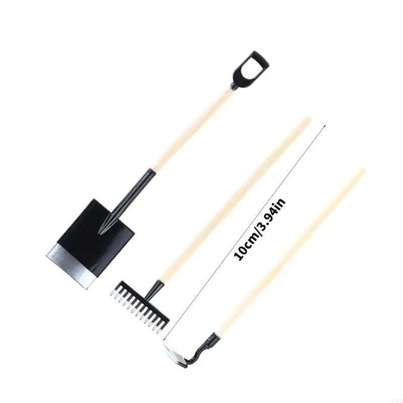 Ensemble d'outils jardin pour maisons poupées, 3 pelles, râteau, modèle houe, réalisme charme pour votre aménagement