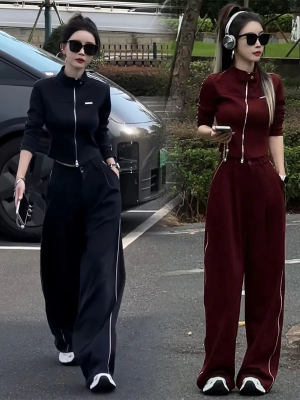 

Spring Trendy Slim Fit Women's Zipper Hoodie Casual Wide Leg Pants Faion Sports Two Piece Set High Waist Straight Cut