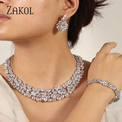 ZAKOL Brand Luxury White Dubai Nigeria Jewelry Set for Women CZ Zirconia Earrings Necklace Sets Bridal Wedding Dress