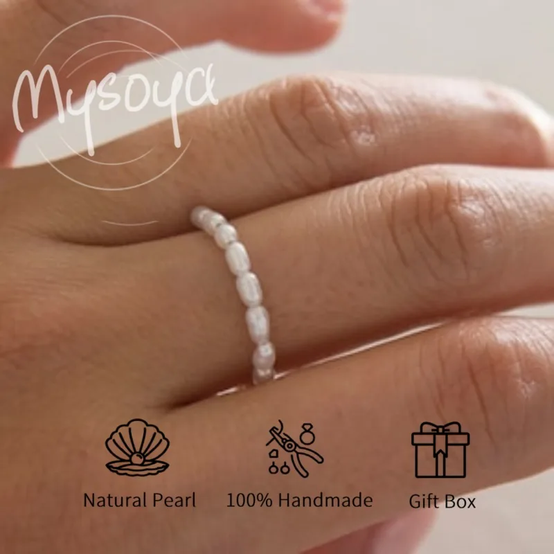 

MYSOYA White Rice-shaped Freshwater Pearl Ring 3-4mm With Gift Box Birthday/Wedding/Christmas/New Year Gift For Her/Him