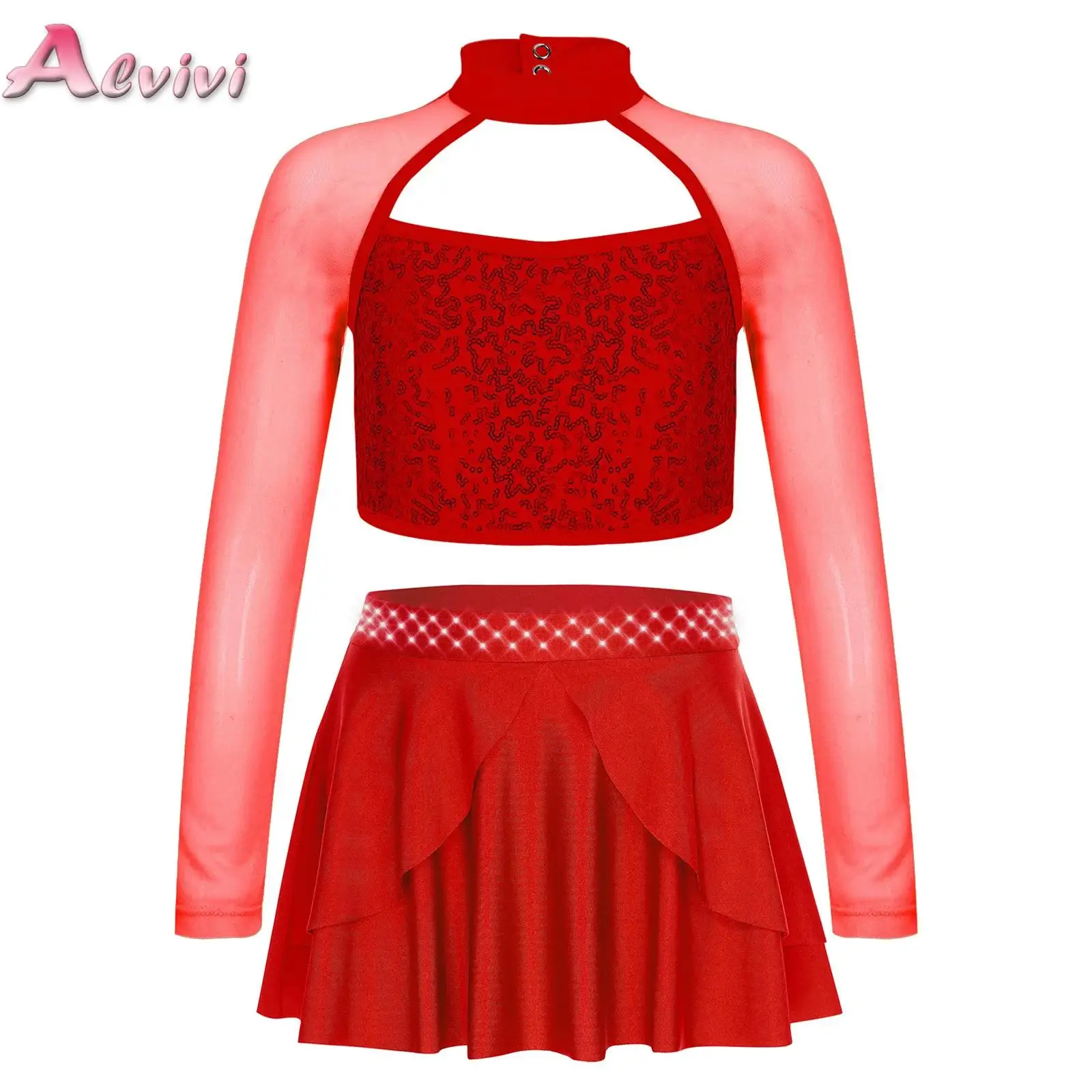 

Kids Girls 2Pcs Dance Set Shiny Sequins Crop Top And Irregular Hem Skirt Ballet Modern Lyrical Stage Wear Performance Costume
