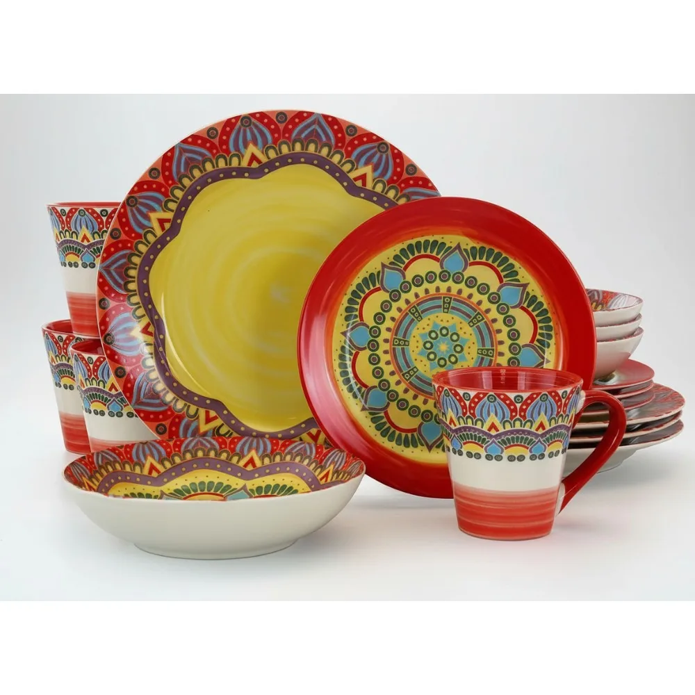 

Red Multicolor Mandala Pattern Stoneware Dinnerware Set, 16 Piece for Modern Dining