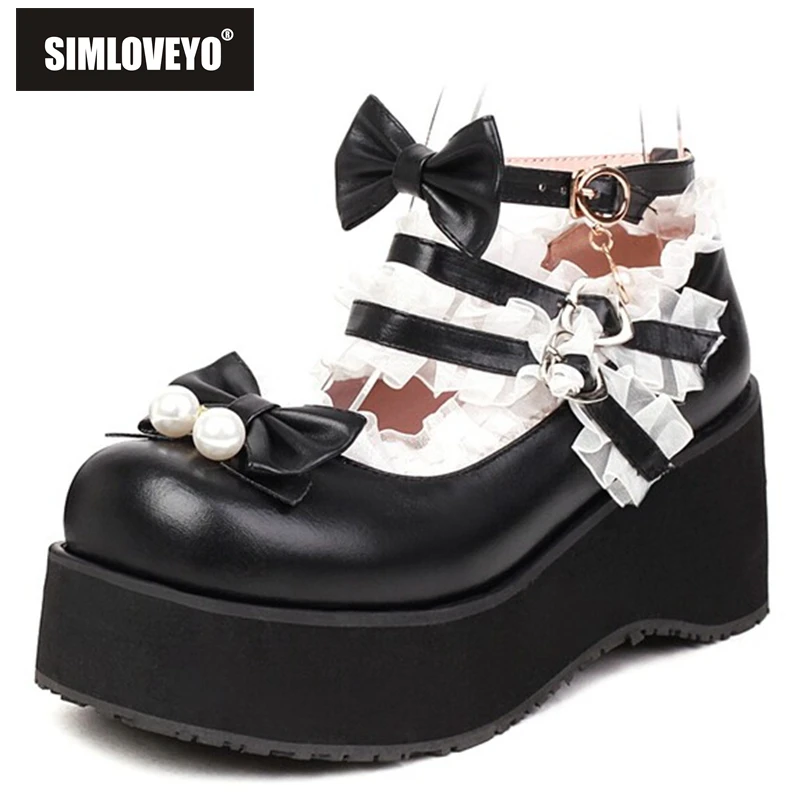 

SIMLOVEYO Women Platform Pumps Round Toe Chunky Heels Buckle Strap Bowtie Pearls Sweet Lolita Big Size 33-48 Black Spring S3269