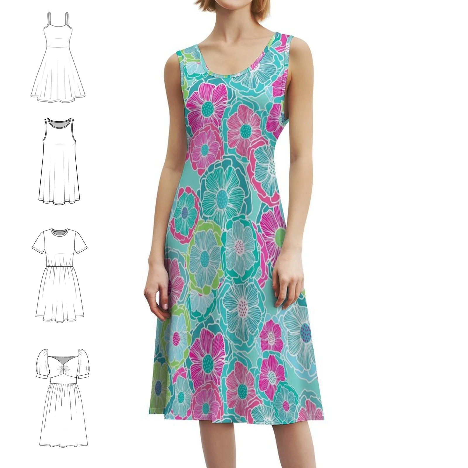 الخيال الأزهار في جريئة الألوان الاستوائية المرأة الشارع الشهير حزب اللباس العصرية طباعة نادي الملابس للإناث الوردي الأزرق الأصفر #1