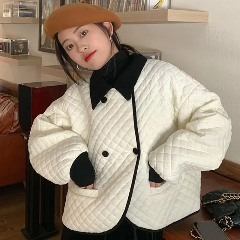 Down Parkas Coats Women Diamond Check White Black Korean Charming Chic Gentle Elegant All-match Daily Stylish Female Fall Winter