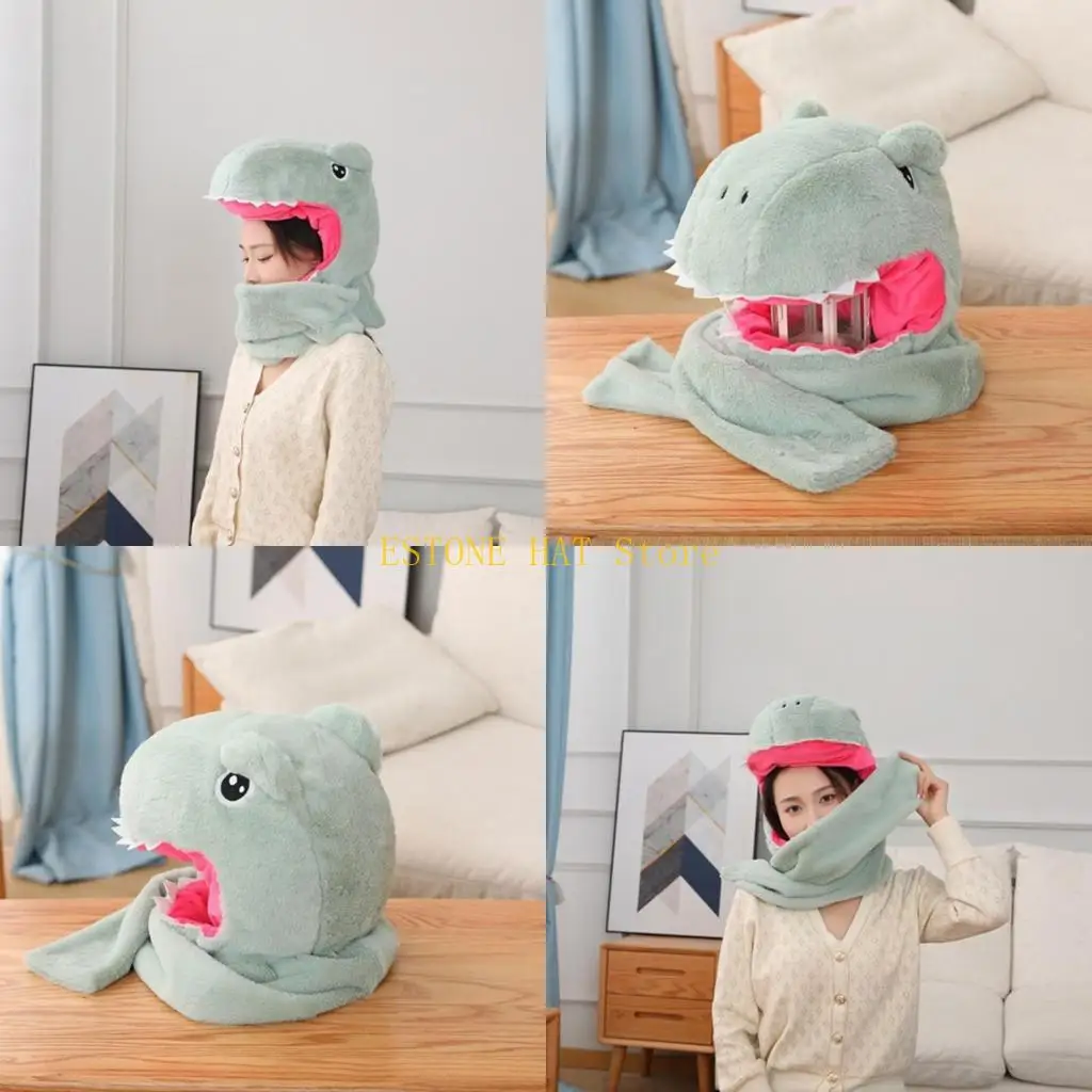 

49MF Lovely Dinosaur Headgear Hat and Scarf Cartoon Headgear for Outdoor Activities