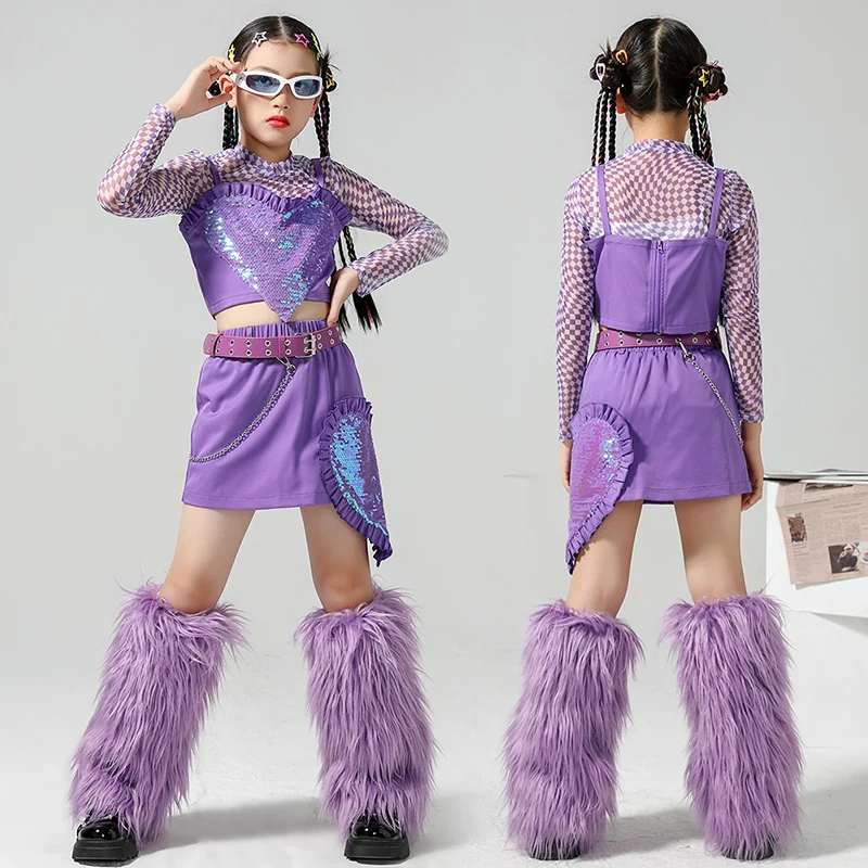 Girls Kpoo Jazz Dance Clothing Purple Sequins Runway Show Stage Outfit Cheerleading Uniform Hip Hop Performance Costume DL11290