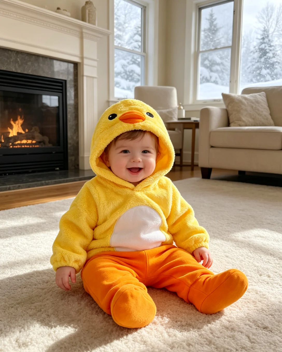 0-18M Baby Yellow Duck Outfit Soft Fuzzy Hooded Romper with White Belly Patch Orange Pants Infant Cosplay Costume for Boys Girls