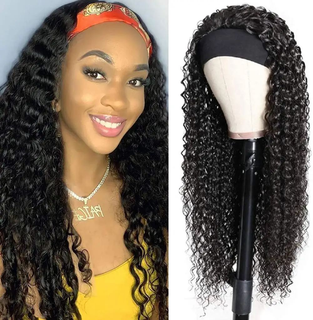 Headband Wig Human Hair 18 Inch Deep Wave Human Hair Headband Wigs for Black Women Glueless Curly Headband Wig 180% Density Natural Color