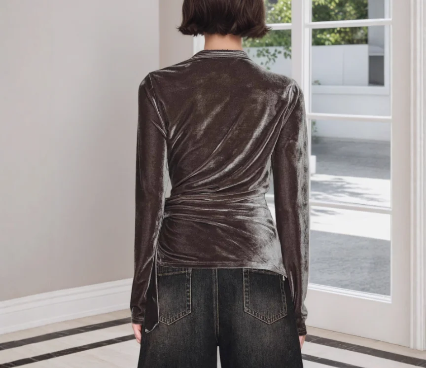 

Women's Slim Fit Long Sleeve Top Half Open Collar New-Style Twisted Band Gold Velvet Temperament Fashion for Ladies